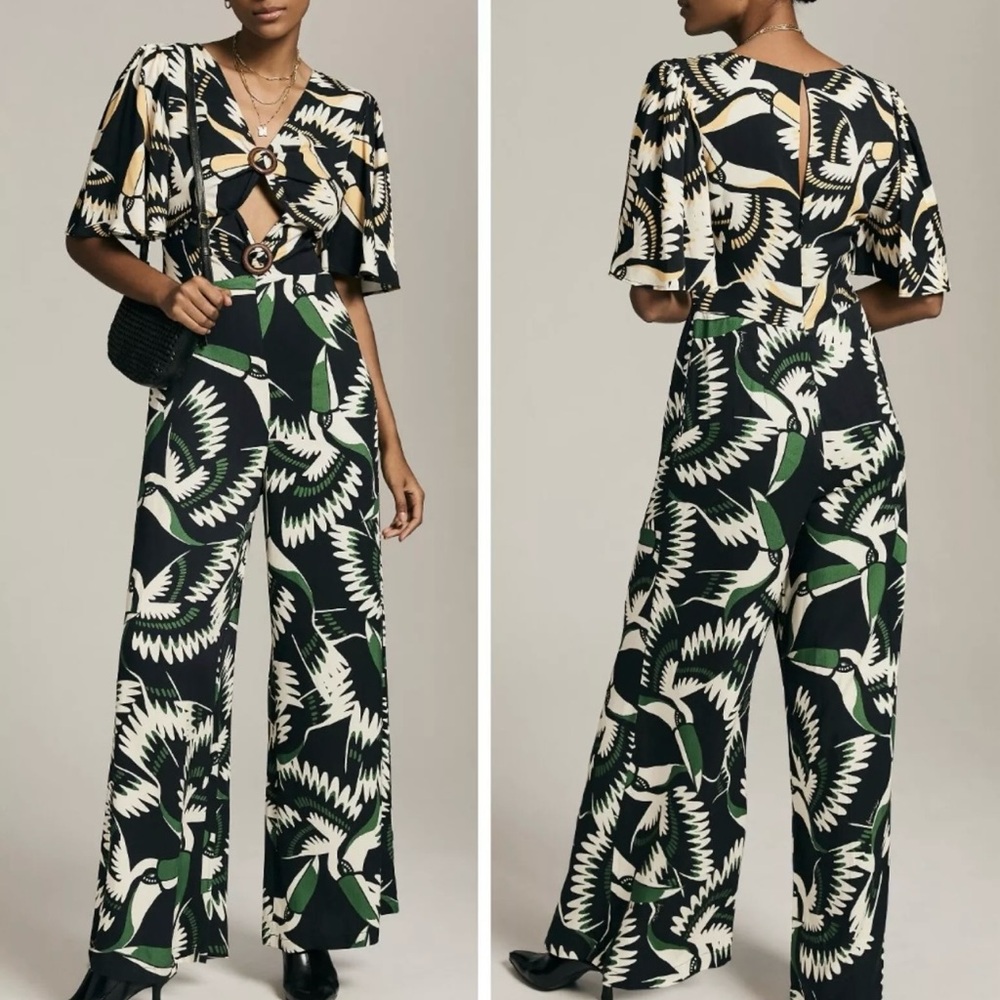 Anthropologie Farm Rio Toucan Jumpsuit Cutout Wide Leg Black Green Size S NWOT